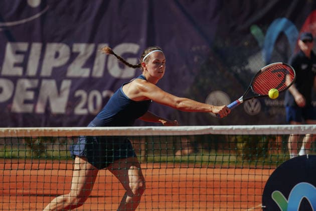Leipzig Open 2026 W75 Leipzig Final Aneta Kucmova CZE Aneta Laboutkova CZE Rasheeda McAdoo USA Sapfo Sakellaridi GRE Aneta Kucmova CZE hits a backhand volley on August 8, 2026, at the Leipzig TennisClub 1990 e.V., Leipzig, Saxony, Leipzig, Leipzig Tennis Club 1990 e.V., Saxony, Germany
