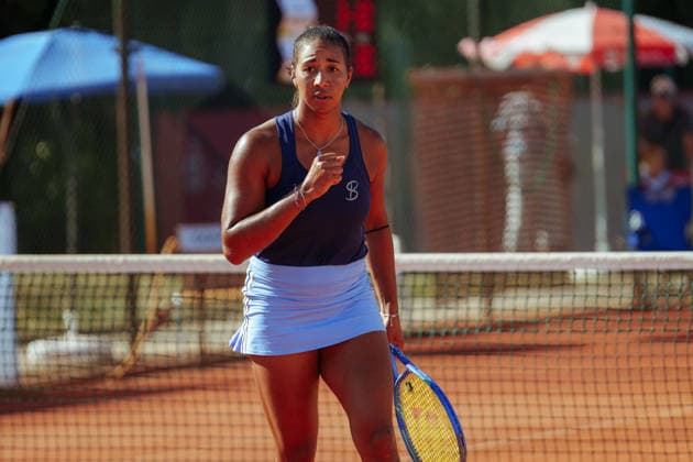 Leipzig Open 2026 W75 Leipzig Final: Aneta Kucmova (CZE), Aneta Laboutkova (CZE), Rasheeda McAdoo (USA), Sapfo Sakellaridi (GRE); Rasheeda McAdoo (USA) clenches her fist on August 8, 2026, at the Leipzig Tennis Club 1990 e.V., Leipzig, Saxony, Leipzig, Leipzig Tennis Club 1990 e.V., Saxony, Germany