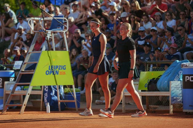 Leipzig Open 2026 W75 Leipzig Final: Aneta Kucmova (CZE), Aneta Laboutkova (CZE), Rasheeda McAdoo (USA), Sapfo Sakellaridi (GRE); Aneta Kucmova (CZE) and Aneta Laboutkova (CZE) on their way to the awards ceremony on 08 08, 2026, at the Leipzig Tennis Club 1990 e.V., Leipzig, Saxony, Leipzig, Leipzig Tennis Club 1990 e.V., Saxony, Germany
