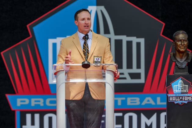 NFL, American Football Herren, USA 2026: NFL Hall Of Fame Enshrinement Ceremony AUG 08 August 8, 2026: Drew Brees gives his Hall of Fame speech during the NFL Hall of Fame Enshrinement Ceremony at the Tom Benson Hall of Fame Stadium in Canton, OH. Jonathan Mailhes CSM (Credit Image: Â Jonathan Mailhes Cal Media) Canton Oh USA EDITORIAL USE ONLY Copyright: xx ZUMA-20260808_zma_c04_250.jpg JonathanxMailhesx csmphotothree509794