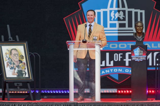 NFL, American Football Herren, USA 2026: NFL Hall Of Fame Enshrinement Ceremony AUG 08 August 8, 2026: Drew Brees gives his Hall of Fame speech during the NFL Hall of Fame Enshrinement Ceremony at the Tom Benson Hall of Fame Stadium in Canton, OH. Jonathan Mailhes CSM (Credit Image: Â Jonathan Mailhes Cal Media) Canton Oh USA EDITORIAL USE ONLY Copyright: xx ZUMA-20260808_zma_c04_269.jpg JonathanxMailhesx csmphotothree509770