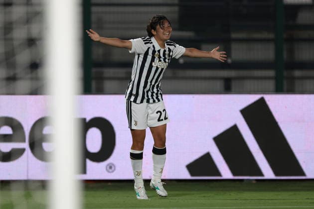 Biella, Italy, 8th August 2026. Remina Chiba of Juventus celebrates after scoring to give the side a 3-1 lead during the Juventus Women vs Hammarby IF UEFA Womens Champions League match at Stadio Vittorio Pozzo, Biella. Picture credit should read: Jonathan Moscrop Sportimage EDITORIAL USE ONLY. No use with unauthorised audio, video, data, fixture lists, club league logos or live services. Online in-match use limited to 120 images, no video emulation. No use in betting, games or single club league player publications. SPI_016_JM_JUVE_HAMMARBY_UWCL SPI-4904-0016