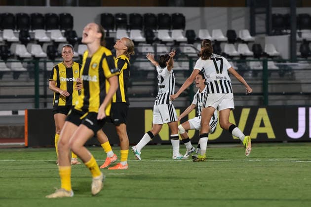 Biella, Italy, 8th August 2026. Remina Chiba of Juventus celebrates with team mates Emma Stolen Godo and Julia Bartel after scoring to give the hosts a 3-1 lead during the Juventus Women vs Hammarby IF UEFA Womens Champions League match at Stadio Vittorio Pozzo, Biella. Picture credit should read: Jonathan Moscrop Sportimage EDITORIAL USE ONLY. No use with unauthorised audio, video, data, fixture lists, club league logos or live services. Online in-match use limited to 120 images, no video emulation. No use in betting, games or single club league player publications. SPI_021_JM_JUVE_HAMMARBY_UWCL SPI-4904-0021