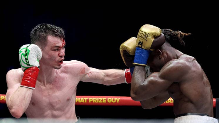 Zuffa Boxing 10, 3Arena, Dublin 8 8 2026 Aaron McKenna lands a punch on Etinosa Oliha Aaron McKenna lands a punch on Etinosa Oliha 8 8 2026  Copyright: xx NE1L4231