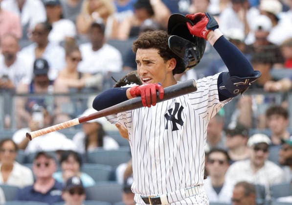 New York Yankees George Lombard Jr. reacts after a swing in the 2nd inning against the Atlanta Braves at Yankee Stadium on Saturday, August 8, 2026 in New York City.  NYP20260808106 JOHNxANGELILLO