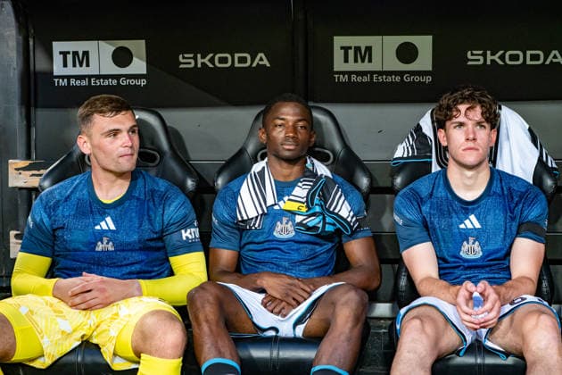 ESP Valencia CF vs. Newcastle CF, 2026–2027 Preseason Match: Bazoumana Toure (C), Aidan Harris (L), and Rory Finneran of Newcastle during the preseason match between Valencia CF and Newcastle played at Estadio Mestalla, Valencia, on August 8, 2026. Valencia, Spain. Valencia, Spain. Soccer Copyright: xSomx