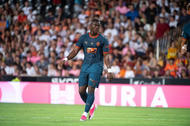 ESP Valencia CF vs. Newcastle CF, 2026–2027 Preseason Match: Aliou Dieng of Valencia during the preseason match between Valencia CF and Newcastle, played at Estadio Mestalla in Valencia on August 8, 2026. Valencia, Spain. Valencia, Spain. Soccer Copyright: xLeopoldxSoglox