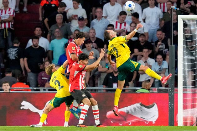 Siebe Wylin of Fortuna Sittard, Noah Fernandez of PSV Eindhoven, Amir Bouhamdi of PSV Eindhoven, and Ivo Pinto of Fortuna Sittard battle for the ball during the 2026–27 Eredivisie match between PSV and Fortuna Sittard at Philips Stadion on August 8, 2026 in Eindhoven, Netherlands. Photo by Alex Gottschalk, DeFodi Images