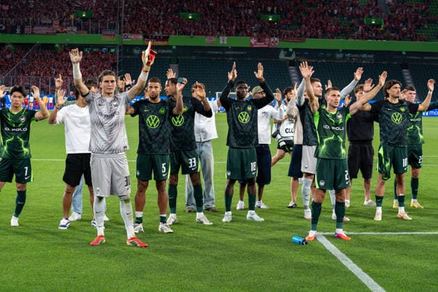 German Soccer 2. Bundesliga, Matchday 1, 2026–2027, VfL Wolfsburg vs. 1 FC Kaiserslautern on August 8, 2026, at the Volkswagen Arena in Wolfsburg: Kento Shiogai (VfL Wolfsburg), 7 Jakub Zielinski (VfL Wolfsburg), 30 Vinicius Souza (VfL Wolfsburg), 5 Cleiton (VfL Wolfsburg), 33 Jonas Adjetey (VfL Wolfsburg), 18 Kilian Fischer (VfL Wolfsburg), 2 Fraser Hornby (VfL Wolfsburg), 10 Wolfsburg Volkswagen Arena, Germany Copyright: xSvenxHeidmannx