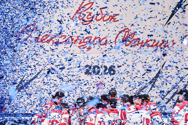 RUSSIA, MYTISHCHI - AUGUST 8, 2026: Gold medal winners, Spartak Moscow U12, celebrate with the trophy during the victory ceremony after the 2026 Ovi Cup final Ice hockey, Eishockey match in Mytishchi, northeast of Moscow. Ovi Cup is an annual youth ice hockey tournament named after three-time world champion Alexander Ovechkin and first held in 2018. Sofya Sandurskaya TASS  95915528
