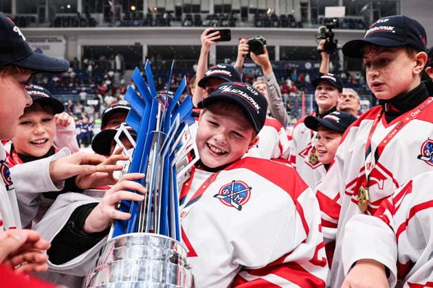 RUSSIA, MYTISHCHI - AUGUST 8, 2026: Gold medal winners, Spartak Moscow U12, celebrate with the trophy during the victory ceremony after the 2026 Ovi Cup final Ice hockey, Eishockey match in Mytishchi, northeast of Moscow. Ovi Cup is an annual youth ice hockey tournament named after three-time world champion Alexander Ovechkin and first held in 2018. Sofya Sandurskaya TASS  95915542