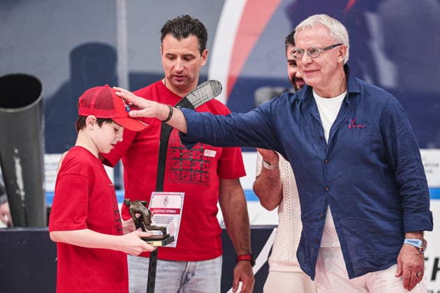 RUSSIA, MYTISHCHI - AUGUST 8, 2026: RIHF First Vice President Roman Rotenberg (L) and Russian State Duma member, retired hockey player Vyachestlav Fetisov (R) are seen during a ceremony to present gift certificates to U12 players after the 2026 Ovi Cup final Ice hockey, Eishockey match in Mytishchi, northeast of Moscow. Ovi Cup is an annual youth ice hockey tournament named after three-time world champion Alexander Ovechkin and first held in 2018. Sofya Sandurskaya TASS  95915462