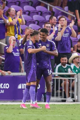 August 8, 2026, Orlando, Florida, USA: Orlando City SC midfielder WILDER CARTAGENA (16) and midfielder MARCO PAA ALIÄ (87) celebrate after PAA ALIÄ scores a goal during the first half against Leon. Orlando City SC hosted Leon in a Leagues Cup march at Inter.Co Stadium in Orlando, FL. Orlando USA - ZUMAm299 20260808_znp_m299_010 Copyright: xTaylorxMcFeex