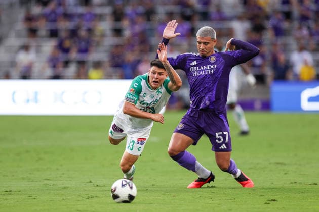 August 8, 2026, Orlando, Florida, USA: Orlando City SC defender IAGO TEODORO DA SILVA NOGUEIRA (57) and LeoÂ³n midfielder DANIEL ARCILA (13) battles for the ball. Orlando City SC hosted Leon in a Leagues Cup march at Inter.Co Stadium in Orlando, FL. Soccer 2026: Leon 2:1 Orlando City SC  - ZUMAm299 20260808_znp_m299_004 Copyright: xTaylorxMcFeex