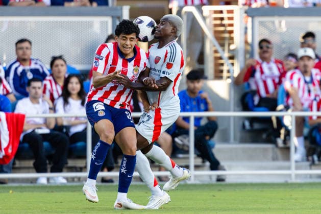 SAN JOSE, CA - AUGUST 08: Richard Ledezma 37 of Chivas de Guadalajara Moschen Ramiro 17 of FC Dallas collide during a Leagues Cup Phase One match on August 8, 2026 at PayPal Park in San Jose, CA. (Photo by Matthew Huang Icon Sportswire) SOCCER: AUG 08 Leagues Cup Chivas de Guadalajara vs Dallas EDITORIAL USE ONLY Icon260808004