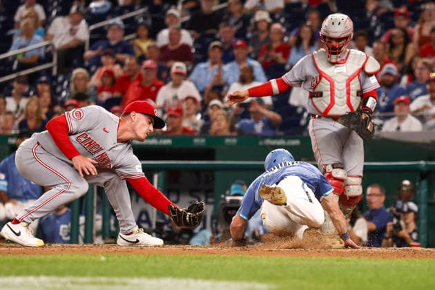 August 8, 2026, Washington D.C, District Of Columbia, United States: Washington, DC; Washington Nationals center fielder Jacob Young (30) is ruled out on a tag at home plate during the Major League Baseball game between the Washington Nationals and the Cincinnati Reds at Nationals Park on Saturday, August 8, 2026. The Nationals beat the Reds 8-2. Washington D.C United States - ZUMAp258 20260808_znp_p258_065 Copyright: xStevexPrakopex