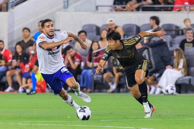 August 8, 2026, Los Angeles, California, USA: Son Heung-Min 7 of the Los Angeles Football Club is challenged by Andres Pereira 6 of the Toluca F.C. during the Leagues Cup game on Saturday August 8, 2026 at the BMO Stadium in Los Angeles, California. JAVIER ROJAS PI Los Angeles USA - ZUMAp124 20260808_zaa_p124_005 Copyright: xJavierxRojasx
