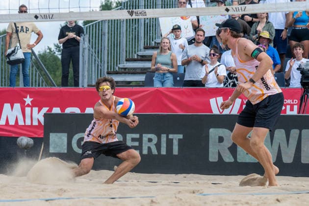 HAMBURG, GERMANY - AUGUST 8: Lui Wüst (Player No. 2, GER), Nils Ehlers (Player No. 1, GER) during the Beach Pro Tour - Elite 16 at Hamburg on August 8, 2026 in Hamburg, Germany. Germany Copyright: xPeterxWeberx