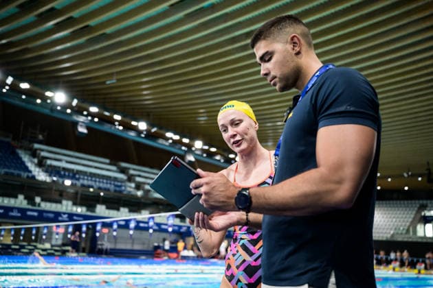 August 9, 2026: Sarah Sjöström and coach Antonio Lutula of Sweden at a swimming training session on the tenth day of the 2026 European Aquatics Championships on August 9, 2026 in Saint Denis. Photo by Joel Marklund. BILDBYRAN code JM JM0836 bbeng swimming 2026 European Aquatics Championships EM training practice Sweden  Copyright: JOELxMARKLUND BB260809JM001