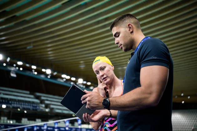 August 9, 2026: Sarah Sjöström and coach Antonio Lutula of Sweden at a swimming training session during the tenth day of the 2026 European Aquatics Championships on August 9, 2026 in Saint Denis. Photo by Joel Marklund. BILDBYRAN code JM JM0836 bbeng swimming 2026 European Aquatics Championships EM training practice Sweden  Copyright: JOELxMARKLUND BB260809JM011
