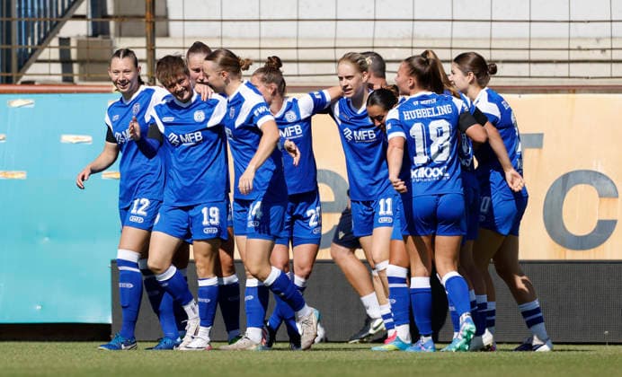 August 9, 2026, Hänsch Arena, Meppen, GER, Women s Bundesliga 2: SV Meppen vs. TSG Hoffenheim II, Celebration after Sarah Dittrich’s 1-0 goal for SV Meppen 19. DFL regulations prohibit any use of photographs as image sequences and or quasi-video. Meppen, Lower Saxony, Hänsch Arena