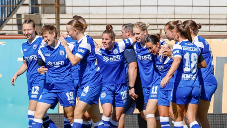 August 9, 2026, Hänsch Arena, Meppen, GER, Women s Bundesliga 2: SV Meppen vs. TSG Hoffenheim II, Celebration after Sarah Dittrich’s 1-0 goal for SV Meppen 19. DFL regulations prohibit any use of photographs as image sequences and or quasi-video. Meppen, Lower Saxony, Hänsch Arena