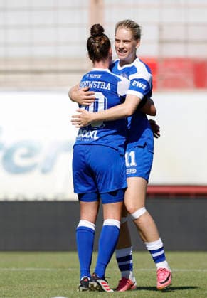 August 9, 2026, Hänsch Arena, Meppen, GER, Women s Bundesliga SV Meppen vs. TSG Hoffenheim II, Chantal Schouwstra (SV Meppen 20) and Lotte Masseling (SV Meppen 11) celebrate after the 2–0 win. DFL REGULATIONS PROHIBIT ANY USE OF PHOTOGRAPHS AS IMAGE SEQUENCES AND OR QUASI-VIDEO. Meppen, Lower Saxony, Hänsch Arena