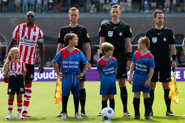 2026-08-09 Sparta Rotterdam v Feyenoord - Dutch Eredivisie ROTTERDAM, NETHERLANDS - AUGUST 9: Bruno Martins Indi of Sparta Rotterdam, Assistant referee Stefan de Groot, Referee Sander van der Eijk, Assistant referee Rens Bluemink start the game during the Dutch Eredivisie match between Sparta Rotterdam and Feyenoord at Sparta-stadion Het Kasteel on August 9, 2026 in Rotterdam, Netherlands. Rotterdam Sparta-stadion Het Kasteel Netherlands Content not available for redistribution in The Netherlands directly or indirectly through any third parties. Copyright: xHansxvanxderxValkx