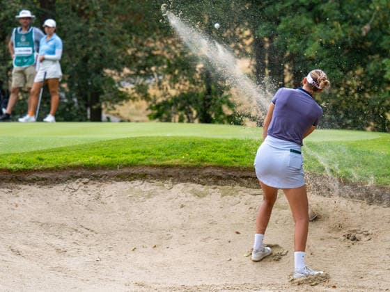 Chiara Noja pitches out of there bunker during the fourth and Final round of the PIF London Championship at the Centurion Club, St Albans, UK on 9 August 2026. Copyright: xPhilxHutchinsonx 45320015