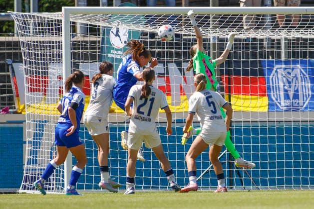 August 9, 2026, Hänsch Arena, Meppen, GER, Women s Bundesliga 2: SV Meppen vs. TSG Hoffenheim II, goal scene. DFL REGULATIONS PROHIBIT ANY USE OF PHOTOGRAPHS AS IMAGE SEQUENCES AND OR QUASI-VIDEO. Meppen, Lower Saxony, Hänsch Arena