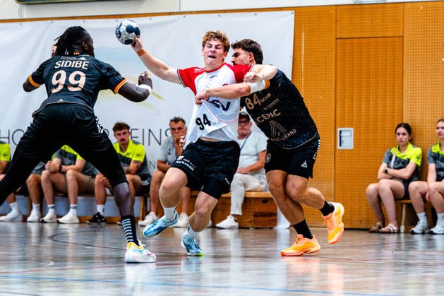 August 9, 2026, xdobgx, 2026 Heide Cup Handball, HOJ Elite Provence Aix vs. Mouhamadou Sidibe PAUC Handball, 99, Mads Bogh HOJ Elite, 94 on the ball, plays the ball, Aymeric Zaepfel PAUC Handball, 84 one-on-one, duel, battle, tackle Schneverdingen