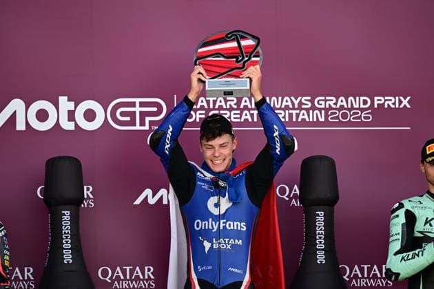 motor racing, Motorsport Moto GP Qatar Airways Grand Prix of Great Britain Race winner Filip Salac of Only Fans American Racing Team holds his trophy during the Moto GP Qatar Airways Grand Prix of Great Britain at Silverstone, Towcester, UK on 9 August 2026. Towcester Silverstone Northamptonshire UK Editorial use only , Copyright: xDennisxGoodwinx PSI-24671-0026