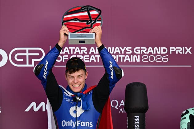motor racing, Motorsport Moto GP Qatar Airways Grand Prix of Great Britain Moto GP2 Race winner Filip Salac of Only Fans American Racing Team holds his trophy during the Moto GP Qatar Airways Grand Prix of Great Britain at Silverstone, Towcester, UK on 9 August 2026. Towcester Silverstone Northamptonshire UK Editorial use only , Copyright: xDennisxGoodwinx PSI-24671-0028