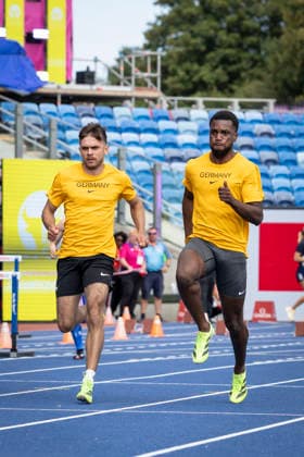 BIRMINGHAM, GREAT BRITAIN - AUGUST 9, 2026 : Heiko GUSSMANN (GER Germany) and Lucas ANSAH-PEPRAH (GER Germany) during the training day before the European Athletics Championships at Alexander Stadium on August 9, 2026 in Birmingham, Great Britain. Nordrhein-Westfalen Great Britain Copyright: xLeahxKohringx