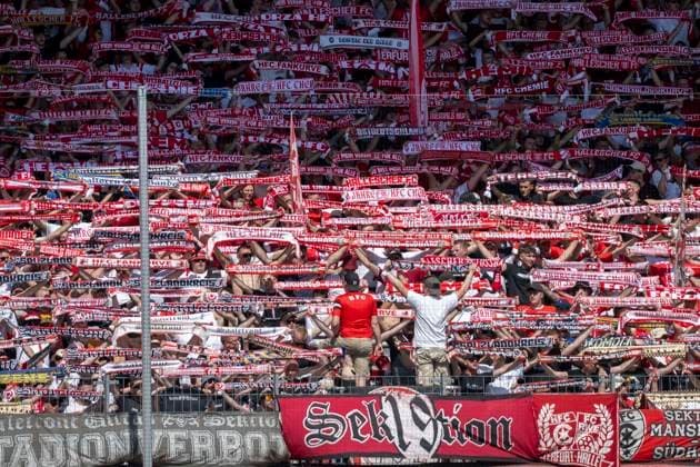 Regionalliga Northeast Season 26–27: Hallescher FC vs. Chemnitzer FC, Halle, Germany, August 9, 2026. Pictured: Hallescher FC fan section; feature, symbol, stock photo, characteristic, detail, Halle Saale Leuna Chemie Stadium, Saxony-Anhalt, Germany