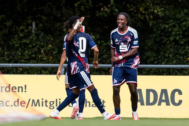 U17 DFB Youth League: 1. FC Köln vs. SV Sandhausen, August 9, 2026, Cologne, Germany. Celebrations following Isaiah Amani Izuagie’s 1-0 goal for 1. FC Köln, 9, goal, goal celebration during Matchday 1 of the preliminary round, Group E, of the U17 DFB Youth League between 1 FC Köln and SV Sandhausen at Geissbockheim Field 7 on August 9, 2026, in Cologne, Germany Copyright: xBEAUTIFULxSPORTS Wunderlx