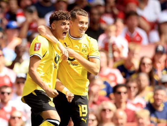 Samuele Inacio of Borussia Dortmund (left) celebrates with teammate Konstantino Karetsas after scoring their side s first goal of the game Arsenal v Borussia Dortmund, Pre Season Friendly, Football, Emirates Stadium, London, UK - 09 Aug 2026London Emirates Stadium United Kingdom EDITORIAL USE ONLY No use with unauthorised audio, video, data, fixture lists, club league logos or live services. Online in-match use limited to 120 images, no video emulation. No use in betting, games or single club league player publications. Copyright: xGeorgexTewkesbury Shutterstockx 17051143n