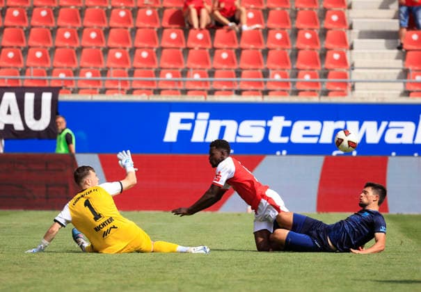 090826 Halle, Saale, Saxony-Anhalt; Sports; Soccer; Hallescher FC Halle (HFC); Northeast Regional League (4th Division); Men s; 2026–2027 Season; Matchday 4; Hallescher FC vs. CFC Chemnitzer FC; David Richter, Goalkeeper for Chemnitzer FC; Bocar Bar— Baro Hallescher FC Roman Eppendorfer Chemnitzer FC