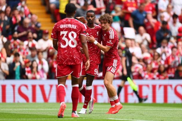 Alexander Isak of Liverpool scores to make it 1-0 and celebrates Liverpool v Monaco, Pre Season Friendly, Football, Anfield, Liverpool, UK - 09 Aug 2026Liverpool Anfield United Kingdom EDITORIAL USE ONLY No use with unauthorised audio, video, data, fixture lists, club league logos or live services. Online in-match use limited to 120 images, no video emulation. No use in betting, games or single club league player publications. Copyright: xPaulxCurrie Shutterstockx 17051142ae