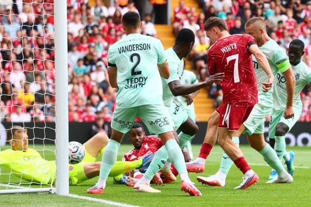 Florian Wirtz of Liverpool scores to make it 1-0 and celebrates Liverpool v Monaco, Pre Season Friendly, Football, Anfield, Liverpool, UK - 09 Aug 2026Liverpool Anfield United Kingdom EDITORIAL USE ONLY No use with unauthorised audio, video, data, fixture lists, club league logos or live services. Online in-match use limited to 120 images, no video emulation. No use in betting, games or single club league player publications. Copyright: xPaulxCurrie Shutterstockx 17051142al