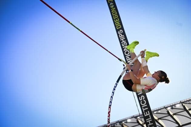 Belgian Kyani Joosten in action during the pole vault event at the World Athletics U20 Championships, Sunday 9 August 2026, in Eugene, USA. The world championships take place from 5 to 9 August. THOMASxWINDESTAM  x183018215x
