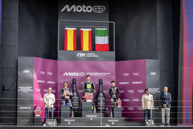 RECORD DATE NOT STATED 9th August 2026; Silverstone Circuit, Northamptonshire, England; 2026 MotoGP Grand Prix of Great Britain, Race Day; Raul Fernandez of the Superfile Trackhouse Team celebrates on the podium after winning the Qatar Airways British Grand Prix MotoGP with Jorge Martin of the Aprilia Racing Team in second and Marco Bezzecchi of the Aprilia Racing Team in third GodfreyxPitt