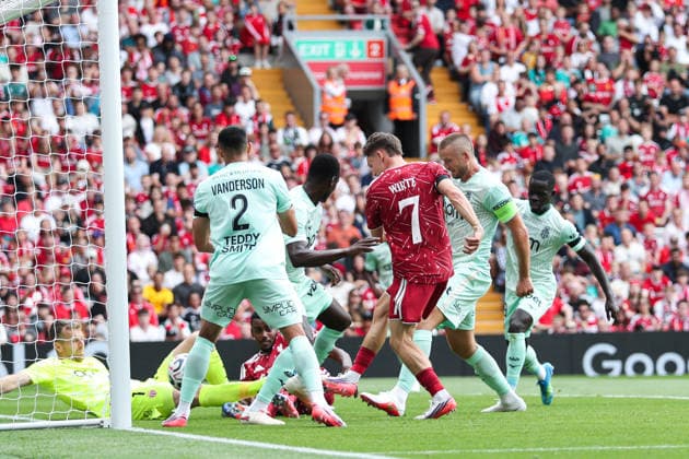 pre-season friendly: Liverpool v Monaco Florian Wirtz of Liverpool shoots and scores to make it 2-0 during the pre-season friendly match Liverpool vs Monaco at Anfield, Liverpool, United Kingdom on 09 August 2026 (Photo by Jorge Horsted News Images) Liverpool Anfield Merseyside United Kingdom Copyright: xJorgexHorsted NewsxImagesx