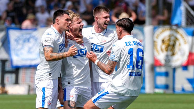 From left: Niklas Kölle (Rostock), 32; goal scorer Andreas Voglsammer (Rostock), 9; Jonas Dirkner (Rostock), 6; Lukas Wallner (Rostock), 16; players from FC Hansa Rostock celebrate the goal that made the score 0–1, Celebration, goal celebration, scoring a goal, celebrate the goal, goal, celebration, celebrating the goal, joy, happiness, happy, optimistic, positive, game scene, highlight, action, 09 08 2026, Sinsheim, Germany, soccer, 3rd Division, TSG 1899 Hoffenheim II vs. Hansa Rostock, DFB and DFL regulations prohibit any use of photographs as image sequences and or quasi-video xozx