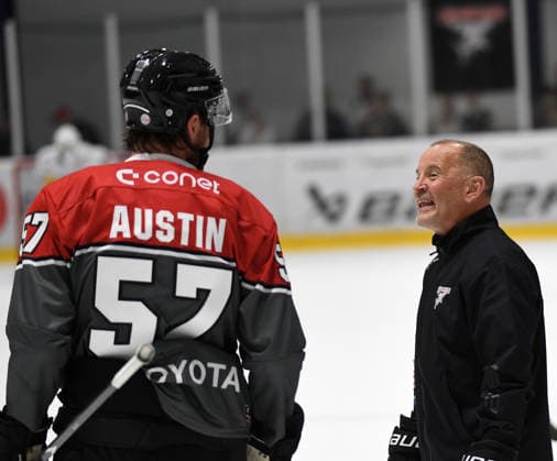 August 9, 2026, xophax, KEC, Ice Hockey, Haie Kölnarena 2, Public Show Practice, Practice with Coach Thomas Berglund (KEC, right) and Brady Austin (KEC, left), Cologne