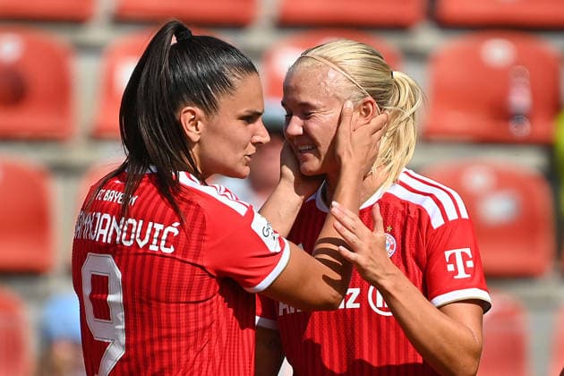 Goal celebration by Pernile HARDER (FCB) after Jovana DAMNJANOVIC (FCB) scored the 1-0 goal, Celebration, joy, excitement, soccer friendly match between Bayern Munich Women and Paris FC on August 9, 2026, at Sportpark Unterhaching, 2026–2027 season,