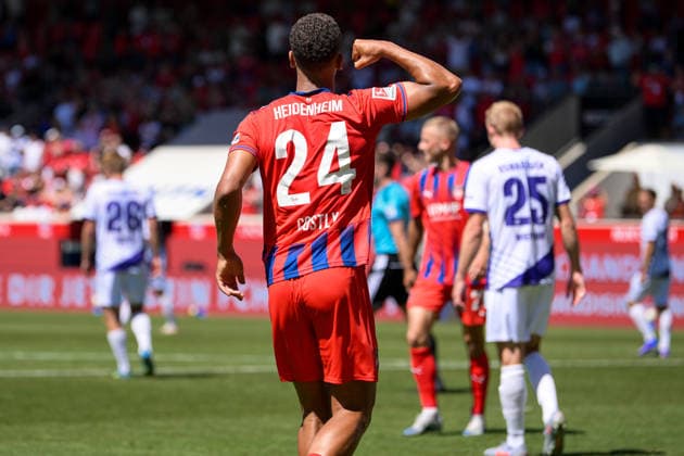 Soccer, 2. Bundesliga, 20260808, 1 FC Heidenheim vs. VfL Osnabrück. Pictured: Goal 2, 1 goal scorer, Marcel COSTLY (Heidenheim), 24, Heidenheim Voith Arena, Baden-Württemberg, Germany Copyright: Passion2Press MarkusxFischerx
