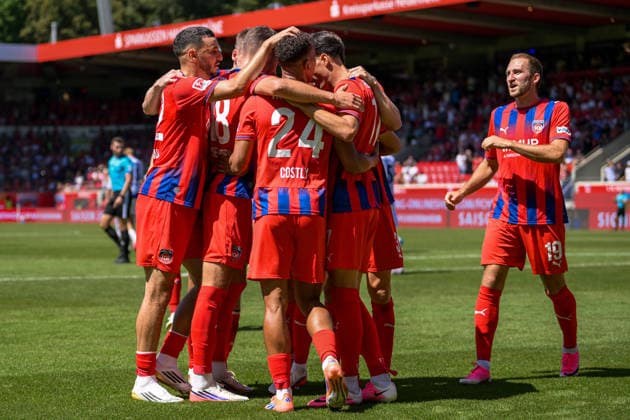 Soccer, 2. Bundesliga, 20260808, 1 FC Heidenheim vs. VfL Osnabrück. Pictured: Goal 2, 1 goal scorer, Marcel COSTLY (Heidenheim), 24, Heidenheim Voith Arena, Baden-Württemberg, Germany Copyright: Passion2Press MarkusxFischerx