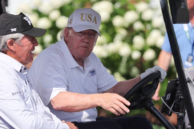 BEDMINSTER, NJ - AUGUST 09: President Donald Trump drives in a golf cart at Bedminster before the forth round of LIV Golf New York on August 9, 2026 at Trump National Golf Club in Bedminster, New Jersey. (Photo by Andrew Mordzynski Icon Sportswire) GOLF: AUG 09 LIV Golf New York EDITORIAL USE ONLY Icon2608098162835