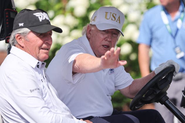 BEDMINSTER, NJ - AUGUST 09: President Donald Trump drives in a golf cart with Gary Player at Bedminster before the forth round of LIV Golf New York on August 9, 2026 at Trump National Golf Club in Bedminster, New Jersey. (Photo by Andrew Mordzynski Icon Sportswire) GOLF: AUG 09 LIV Golf New York EDITORIAL USE ONLY Icon2608098162837